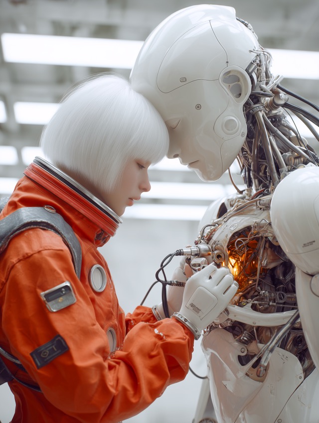 Zeffy Night Keeper | 額を寄せる人とロボットのSFアート - human-and-robot-heart-repair-sci-fi-art