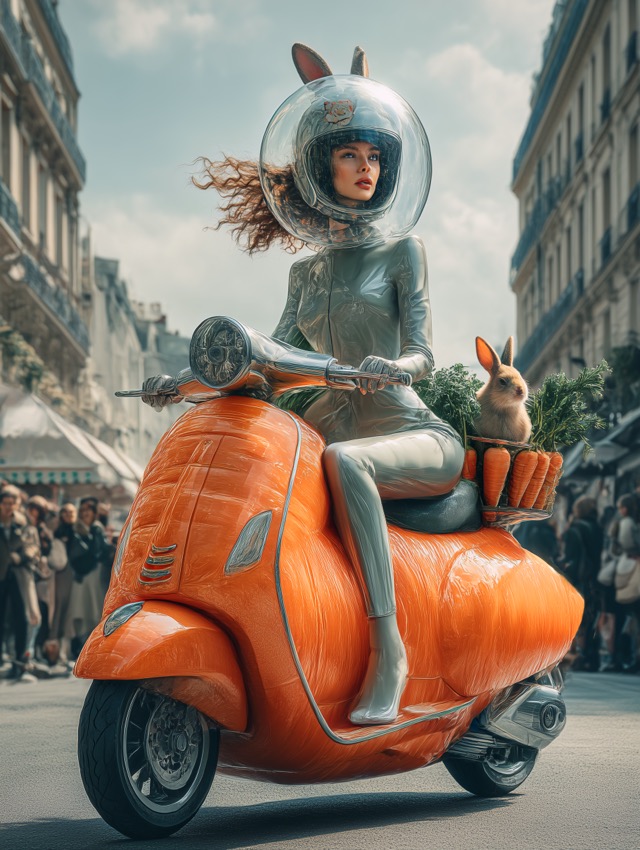 Zeffy Night Keeper | にんじんスクーターとウサギヘルメットの幻想アート - rabbit-helmet-carrot-scooter-surreal-art