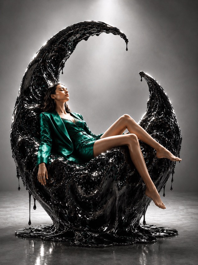 Zeffy Night Keeper | 黒い液体クロームの三日月チェアとエメラルドの女性 - black-liquid-chrome-crescent-chair
