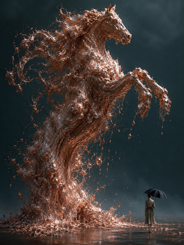 Zeffy Night Keeper | 銅の液体馬が立ち上がる幻想AIアート - copper-liquid-horse-surreal-ai-art