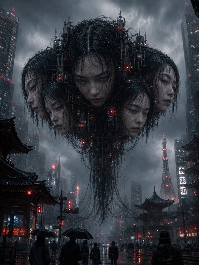 Zeffy Night Keeper | 五つの顔が浮かぶ雨の未来都市 - four-faced-floating-head-cyberpunk-city