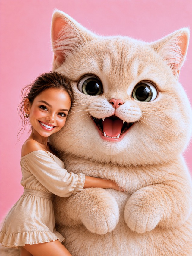 Zeffy Night Keeper | 巨大な猫と微笑む女性のキモかわいい肖像 - giant-cute-cat-surreal-portrait