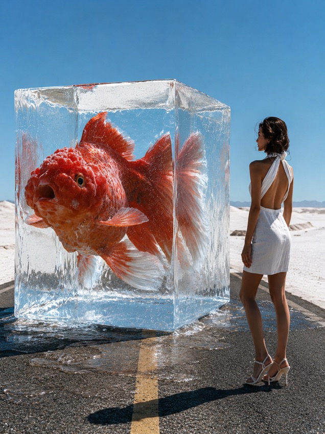 Zeffy Night Keeper | 氷に閉じ込められた巨大金魚と白い砂漠のAIアート - giant-goldfish-frozen-in-ice-desert-ai-art