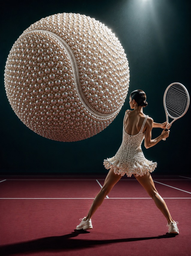 Zeffy Night Keeper | 巨大な真珠テニスボールと対峙するシュールスポーツアート - giant-pearl-tennis-ball-surreal-sports-art