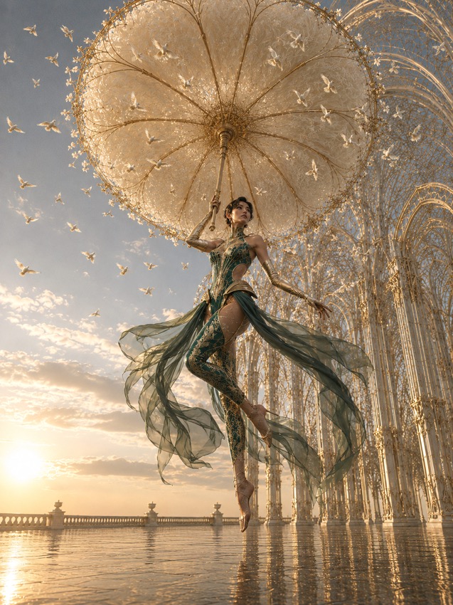 Zeffy Night Keeper | 黄金の大傘と白い鳥が舞う幻想ファッションAIアート - golden-parasol-birds-fashion-ai-art