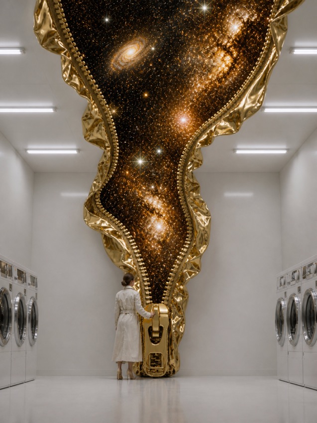 Zeffy Night Keeper | 白いランドリーに開いた金色の宇宙 - golden-zipper-cosmos-laundry