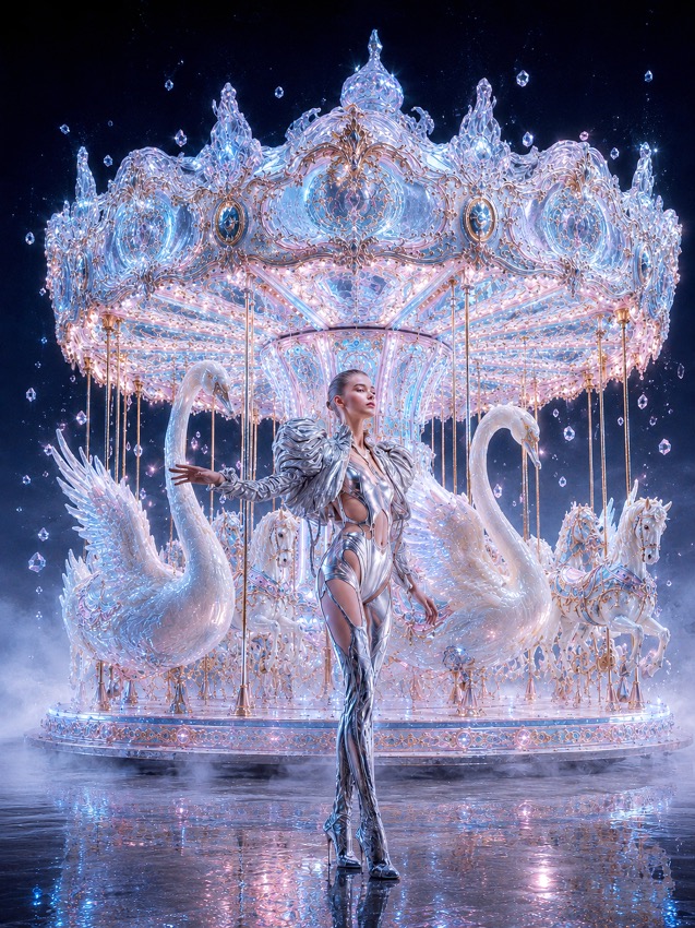 Zeffy Night Keeper | 氷の白鳥メリーゴーランドと銀色のモデル - ice-swan-carousel-silver-model