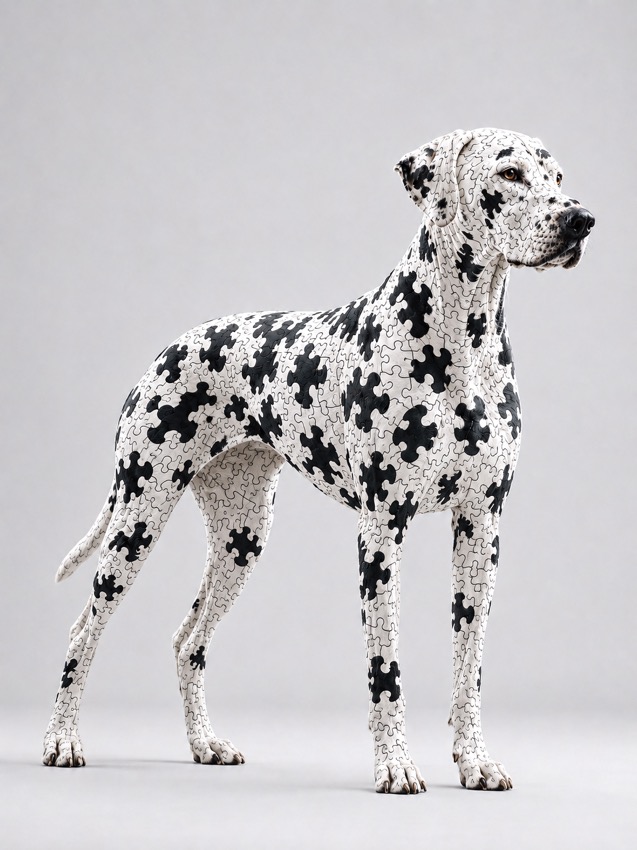 Zeffy Night Keeper | パズル模様の白い犬が見せる静かな違和感 - puzzle-pattern-white-dog-art